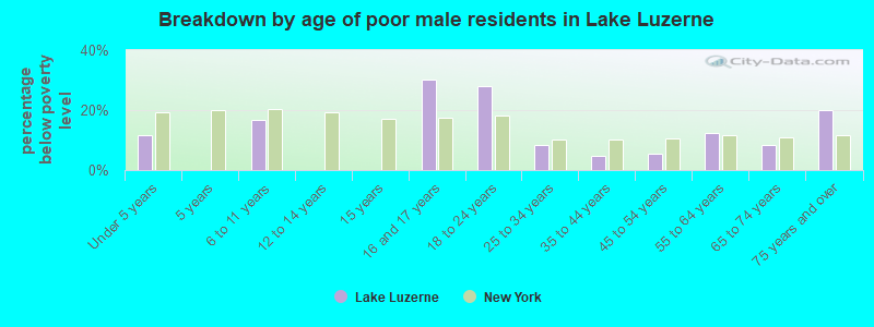 Breakdown by age of poor male residents in Lake Luzerne