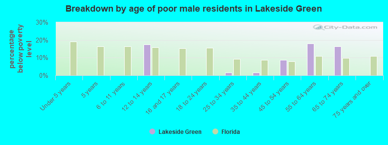 Breakdown by age of poor male residents in Lakeside Green