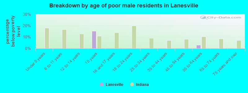 Breakdown by age of poor male residents in Lanesville