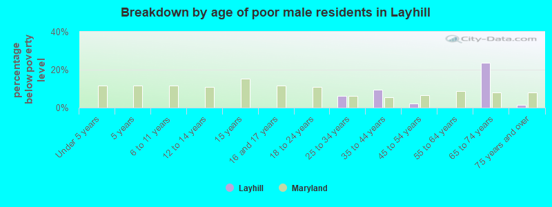 Breakdown by age of poor male residents in Layhill
