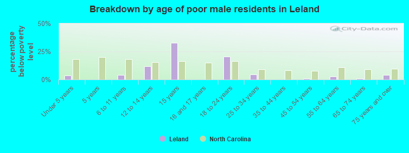 Breakdown by age of poor male residents in Leland