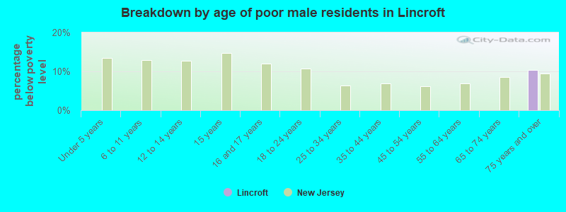 Breakdown by age of poor male residents in Lincroft