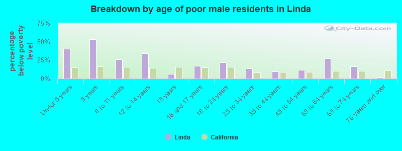 Breakdown by age of poor male residents in Linda