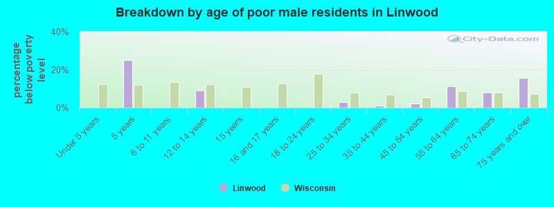 Breakdown by age of poor male residents in Linwood