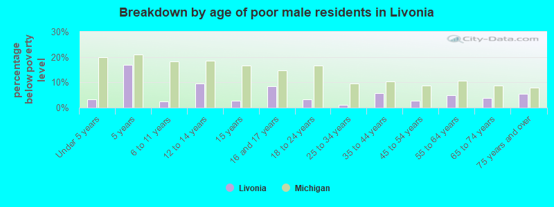 Breakdown by age of poor male residents in Livonia