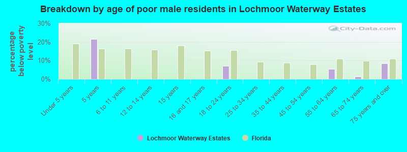 Breakdown by age of poor male residents in Lochmoor Waterway Estates