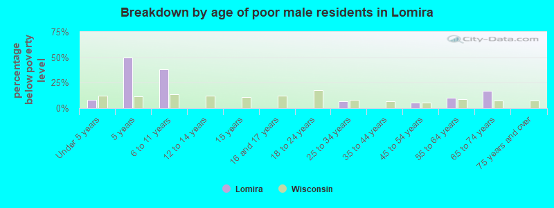 Breakdown by age of poor male residents in Lomira