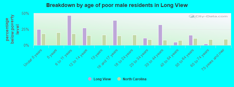 Breakdown by age of poor male residents in Long View