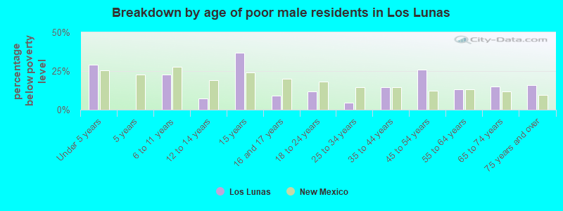 Breakdown by age of poor male residents in Los Lunas