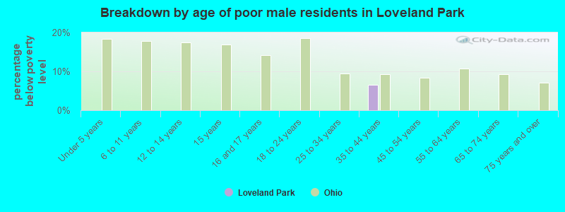 Breakdown by age of poor male residents in Loveland Park
