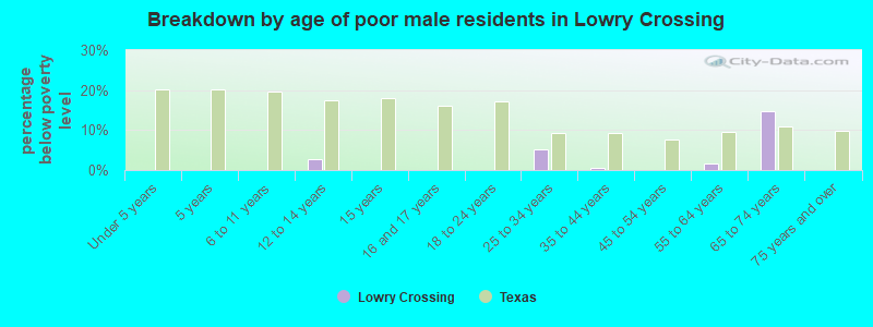 Breakdown by age of poor male residents in Lowry Crossing