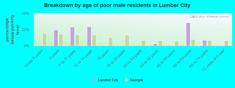 Breakdown by age of poor male residents in Lumber City