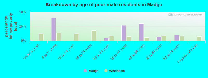 Breakdown by age of poor male residents in Madge