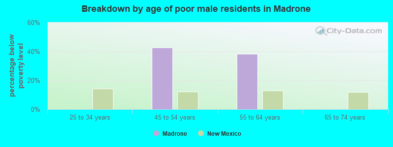 Breakdown by age of poor male residents in Madrone