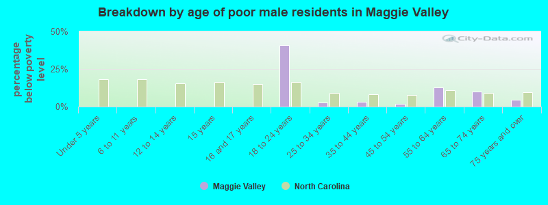 Breakdown by age of poor male residents in Maggie Valley
