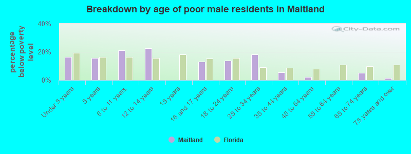 Breakdown by age of poor male residents in Maitland
