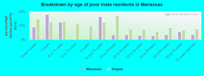 Breakdown by age of poor male residents in Manassas