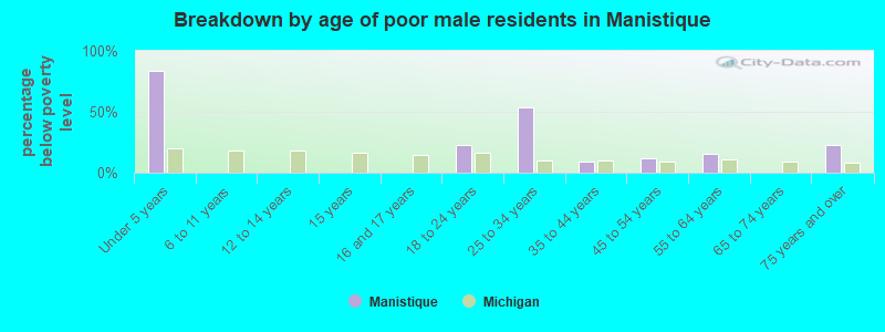 Breakdown by age of poor male residents in Manistique
