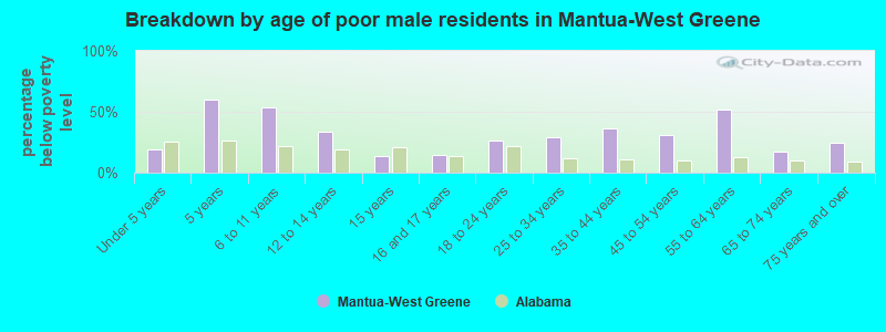 Breakdown by age of poor male residents in Mantua-West Greene