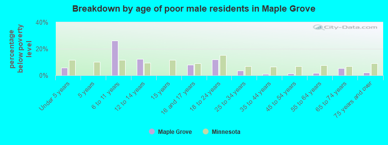 Breakdown by age of poor male residents in Maple Grove