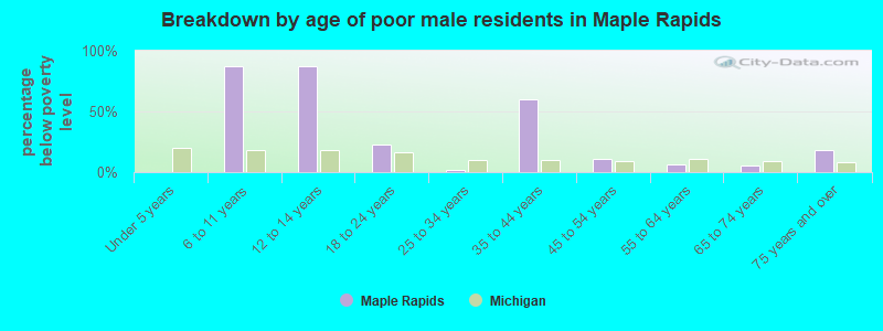 Breakdown by age of poor male residents in Maple Rapids