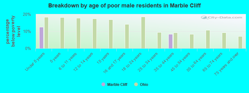 Breakdown by age of poor male residents in Marble Cliff