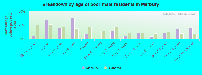 Breakdown by age of poor male residents in Marbury