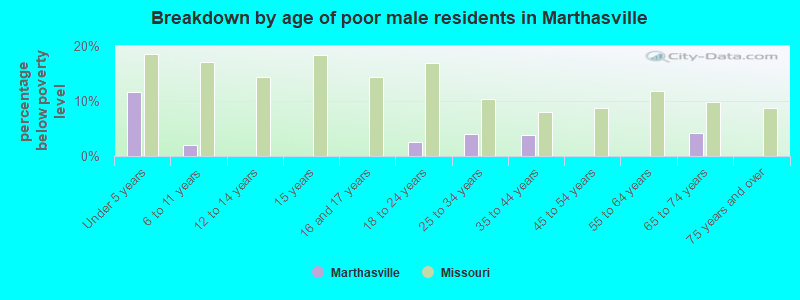 Breakdown by age of poor male residents in Marthasville