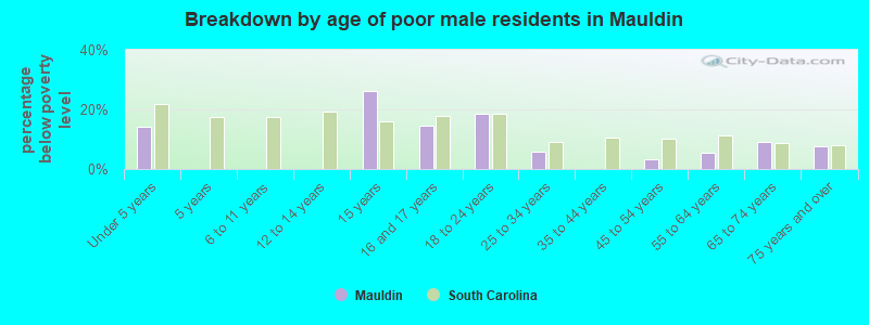 Breakdown by age of poor male residents in Mauldin