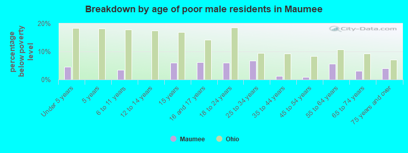Breakdown by age of poor male residents in Maumee