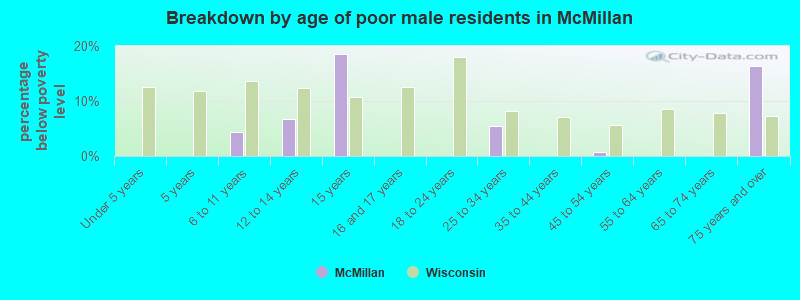 Breakdown by age of poor male residents in McMillan