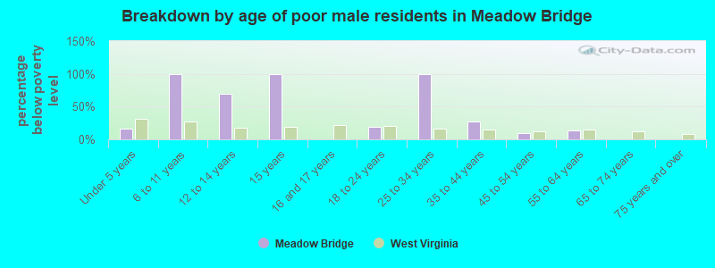 Breakdown by age of poor male residents in Meadow Bridge