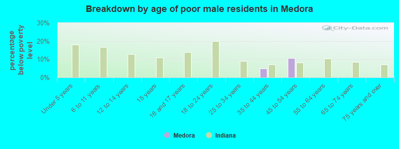 Breakdown by age of poor male residents in Medora