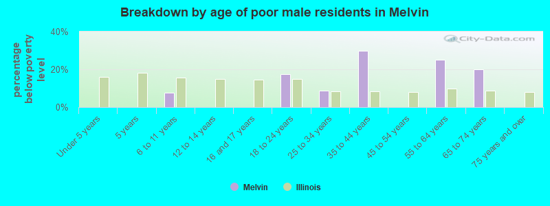 Breakdown by age of poor male residents in Melvin