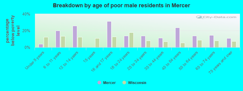 Breakdown by age of poor male residents in Mercer