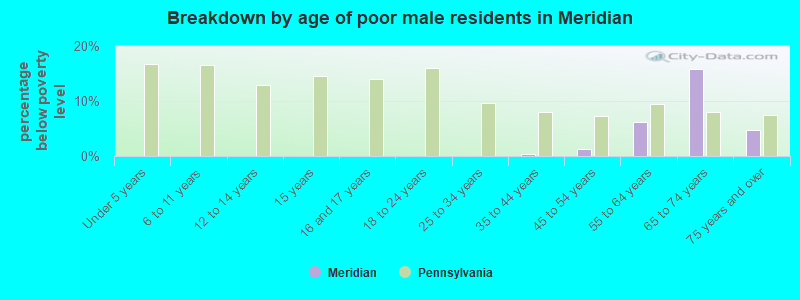 Breakdown by age of poor male residents in Meridian
