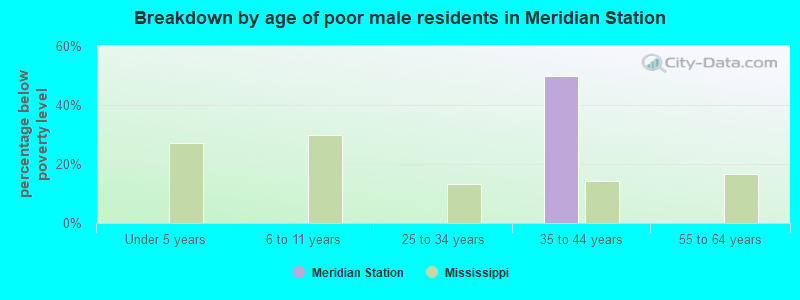 Breakdown by age of poor male residents in Meridian Station