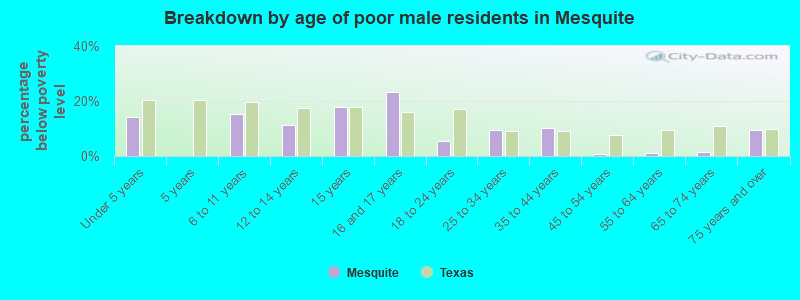 Breakdown by age of poor male residents in Mesquite