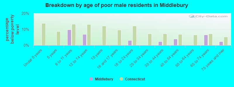 Breakdown by age of poor male residents in Middlebury
