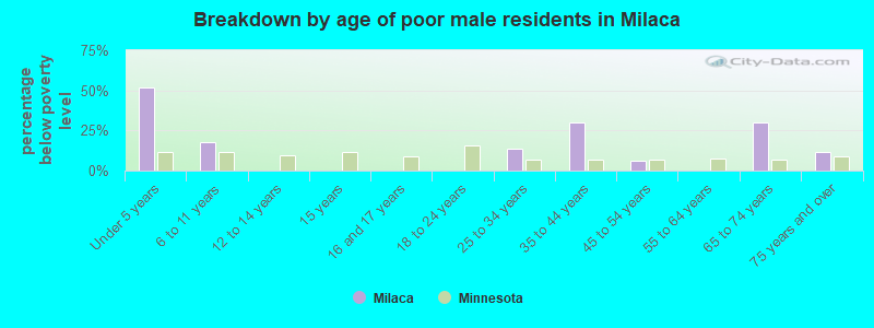 Breakdown by age of poor male residents in Milaca