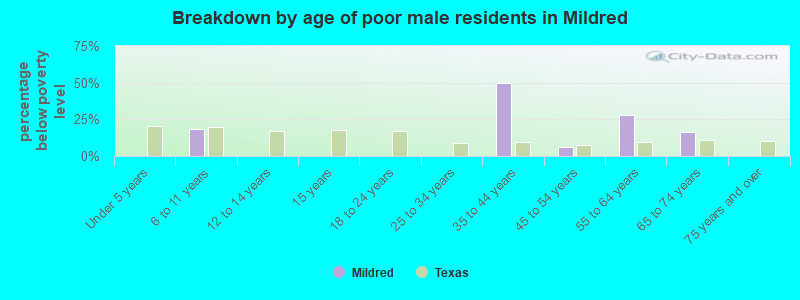 Breakdown by age of poor male residents in Mildred