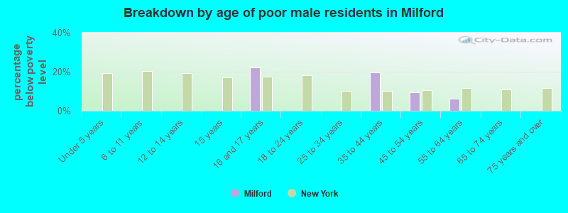 Breakdown by age of poor male residents in Milford