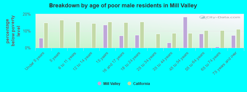 Breakdown by age of poor male residents in Mill Valley