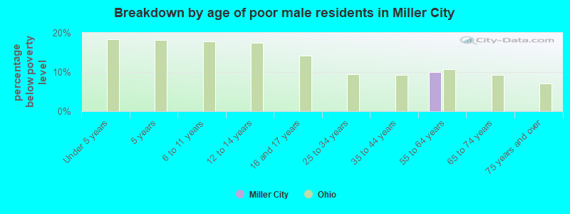 Breakdown by age of poor male residents in Miller City