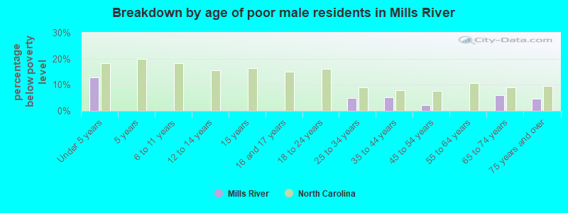 Breakdown by age of poor male residents in Mills River