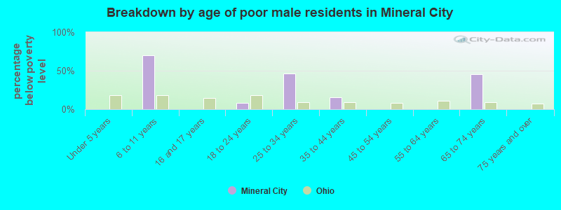 Breakdown by age of poor male residents in Mineral City