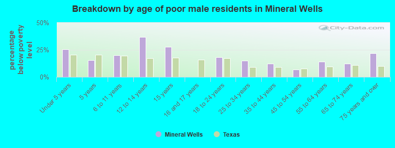Breakdown by age of poor male residents in Mineral Wells