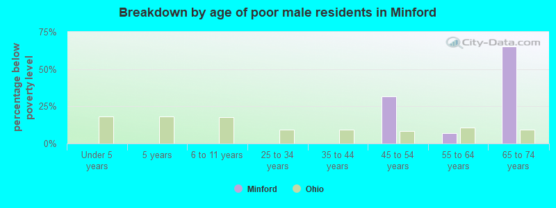 Breakdown by age of poor male residents in Minford