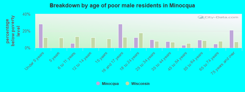 Breakdown by age of poor male residents in Minocqua
