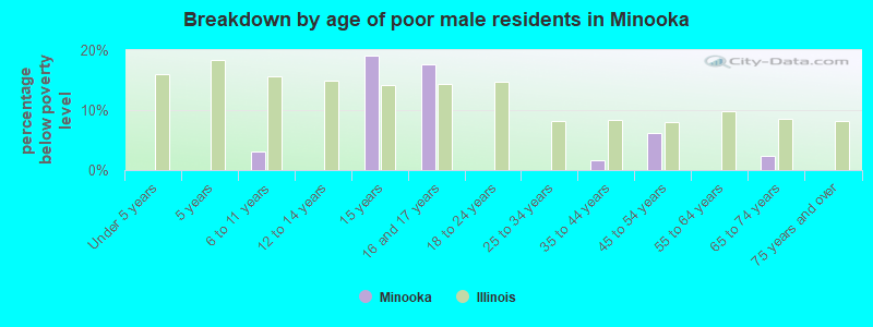 Breakdown by age of poor male residents in Minooka